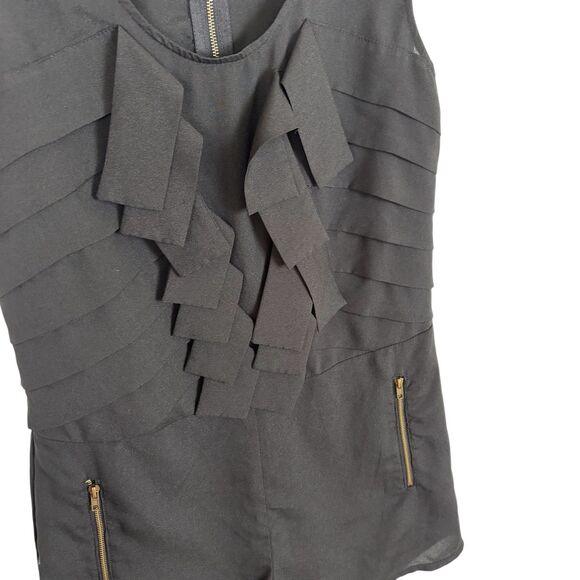 Sweet Rain Black Romper Zipper Pockets Women's Small Ruffle front - Picture 2 of 5